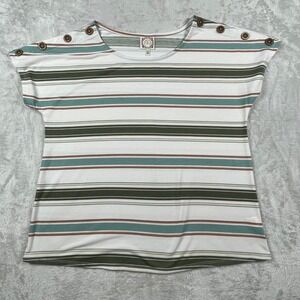 TruSelf Striped Button Shoulder Top Womens Size L Green Brown White Casual Tee